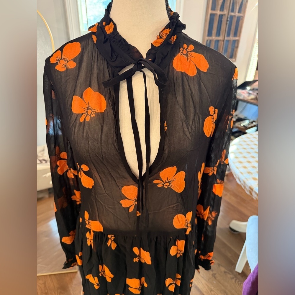 Ganni Black Sheer Dress with Orange Floral Design Lined on Bottom - Picture 7 of 15